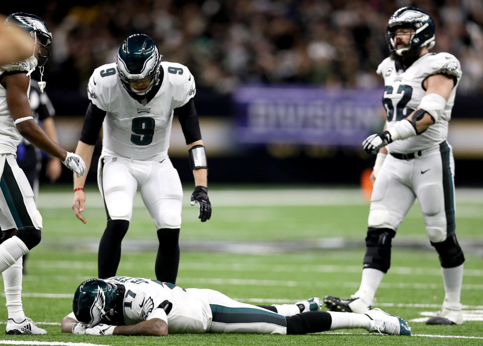Alshon Jeffery was overcome with emotion after letting Nick Foles’ pass sail through his hands resulting in a late fourth-quarter interception. (Getty Images)