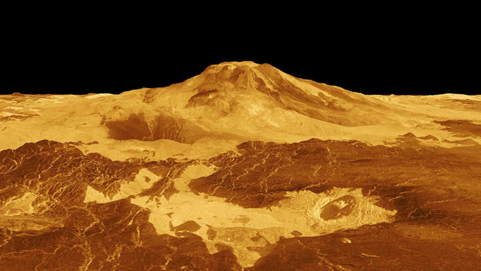 This computer-generated 3D model of Venus' surface shows the summit of Maat Mons, the volcano that is exhibiting signs of activity. A new study found one of Maat Mons' vents became enlarged and changed shape over an eight-month period in 1991, indicating an eruptive event occurred. / Credit: NASA