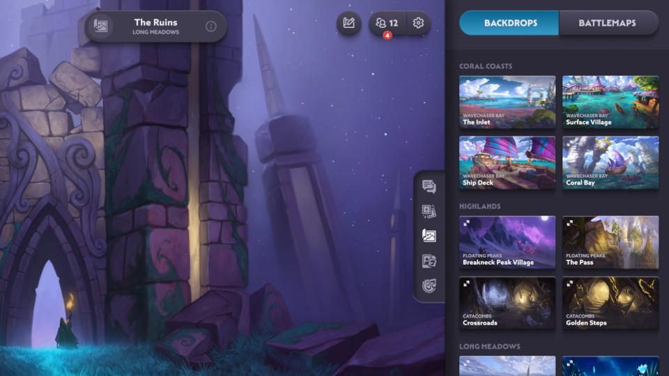 A behind-the-scenes look at the Game Master interface in Fablecraft, with multiple pieces of artwork listed beside a painting of a ruin