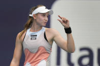 Elena Rybakina, of Kazakhstan, reacts after losing a point to Petra Kvitova, of the Czech Republic, during the women's singles finals of the Miami Open tennis tournament, Saturday, April 1, 2023, in Miami Gardens, Fla. (AP Photo/Wilfredo Lee)