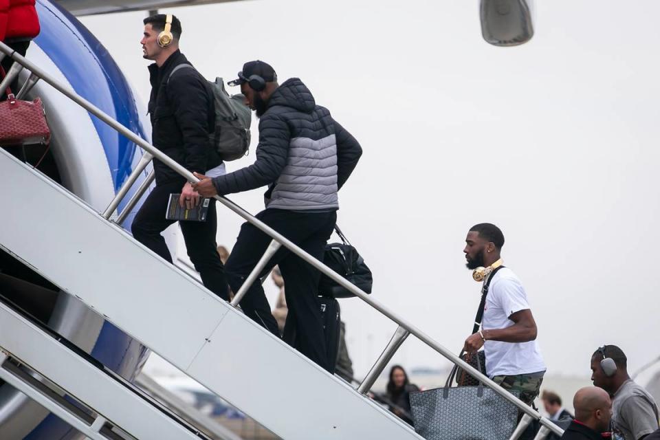 Members of the Kansas City Chiefs board a chartered United flight on their way to Las Vegas for Super Bowl LVIII on Sunday February 4, 2024 at KCI Airport in Kansas City, Missouri.