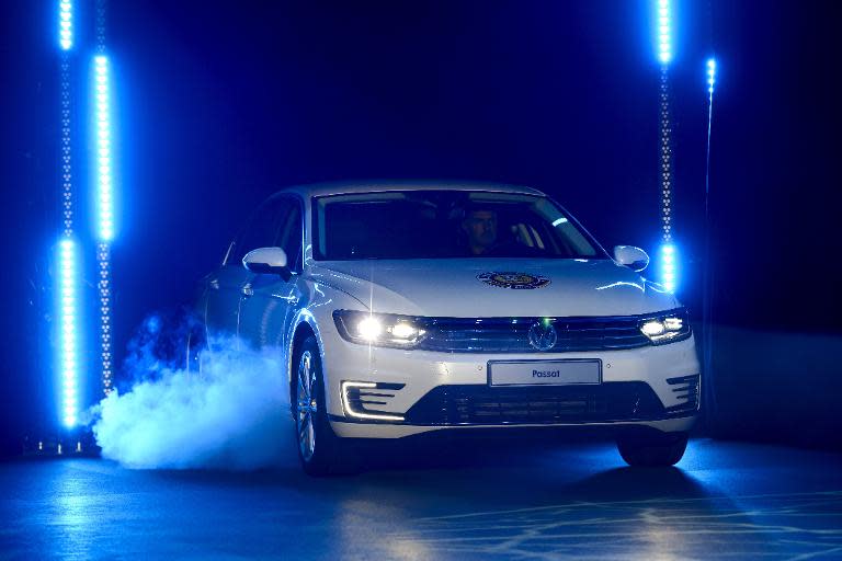 The Car of the Year 2015, a Volkswagen Passat model, at the Geneva Car Show in Switzerland on March 2, 2015