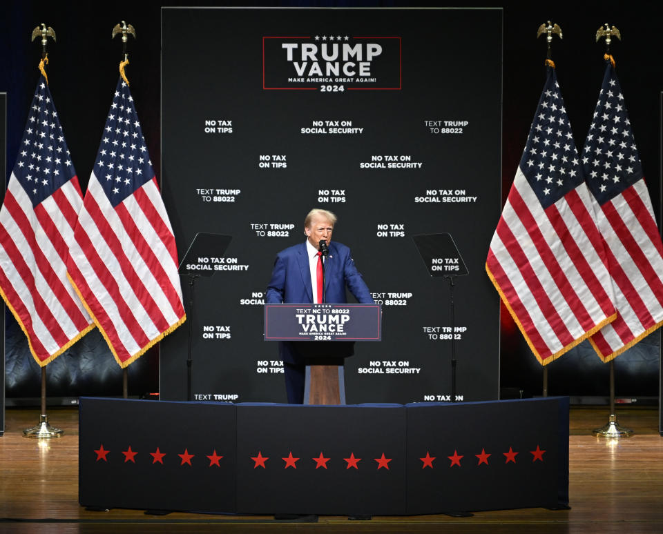 NORTH CAROLINA, UNITED STATES - AUGUST 14: Republican presidential nominee, former U.S. President Donald Trump gives a speech during a campaign rally at Harrah's Cherokee Center in Asheville, North Carolina, United States on August 14, 2024. (Photo by Peter Zay/Anadolu via Getty Images)