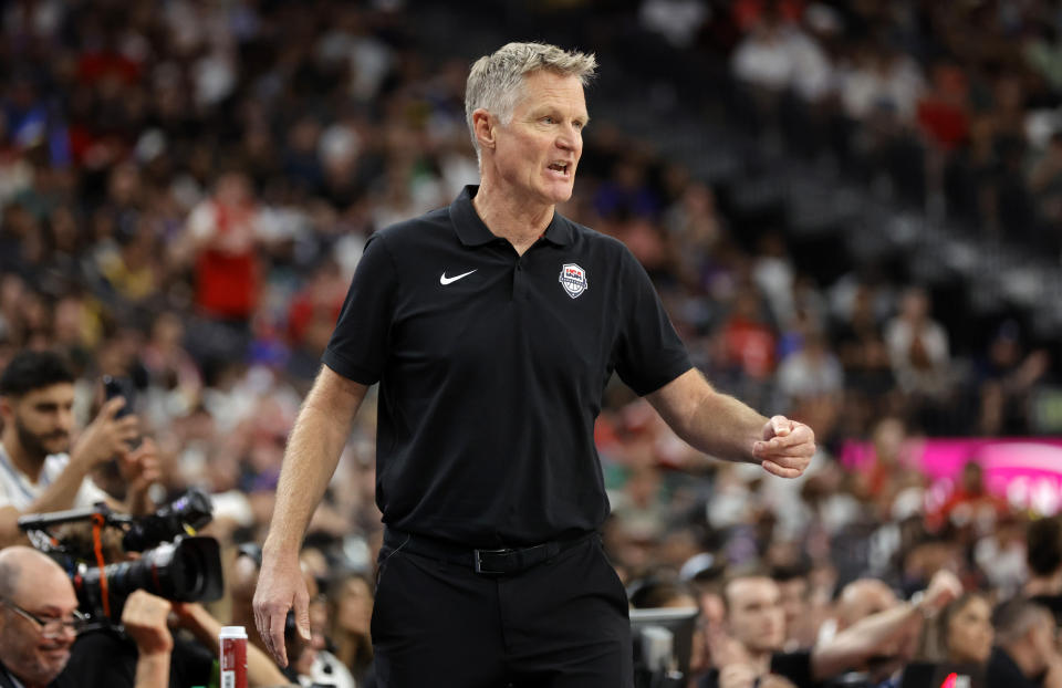 United States head coach Steve Kerr calls out to players during the first half of an exhibition basketball game against Canada, Wednesday, July 10, 2024, in Las Vegas. (AP Photo/Steve Marcus)