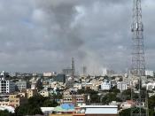 A view shows smoke rising following a car bomb explosion at Somalia's education ministry in Mogadishu