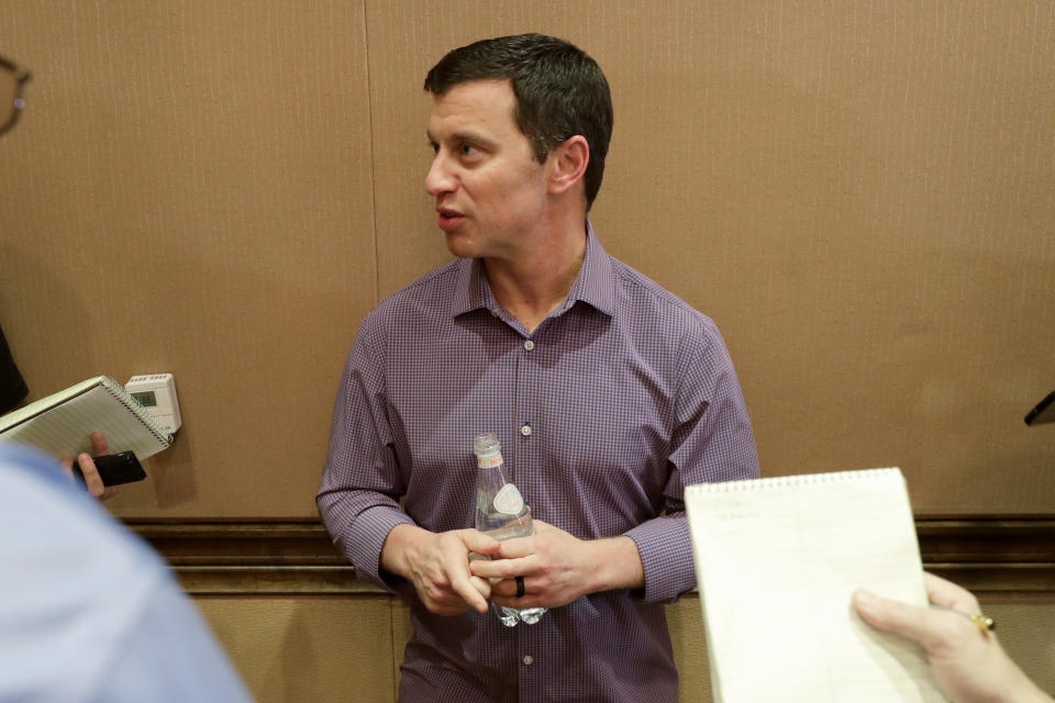 Andrew Friedman, president of baseball operations for the Los Angeles Dodgers, speaks during a media availability during the Major League Baseball general managers annual meetings Tuesday, Nov. 12, 2019, in Scottsdale, Ariz. (AP Photo/Matt York)