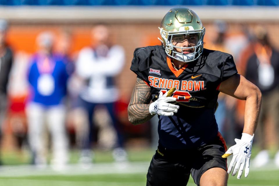 Marist Liufau of Notre Dame (18) works on special teams during practice for the National team at the Senior Bowl in Mobile, Alabama on Jan. 31, 2024.