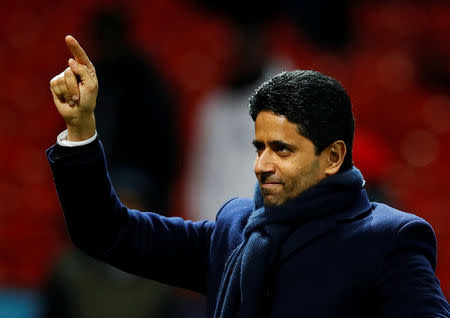 FILE PHOTO: Soccer Football - Champions League Round of 16 First Leg - Manchester United v Paris St Germain - Old Trafford, Manchester, Britain - February 12, 2019 Paris St Germain president Nasser Al-Khelaifi celebrates at the end of the match Action Images via Reuters/Jason Cairnduff/File Photo