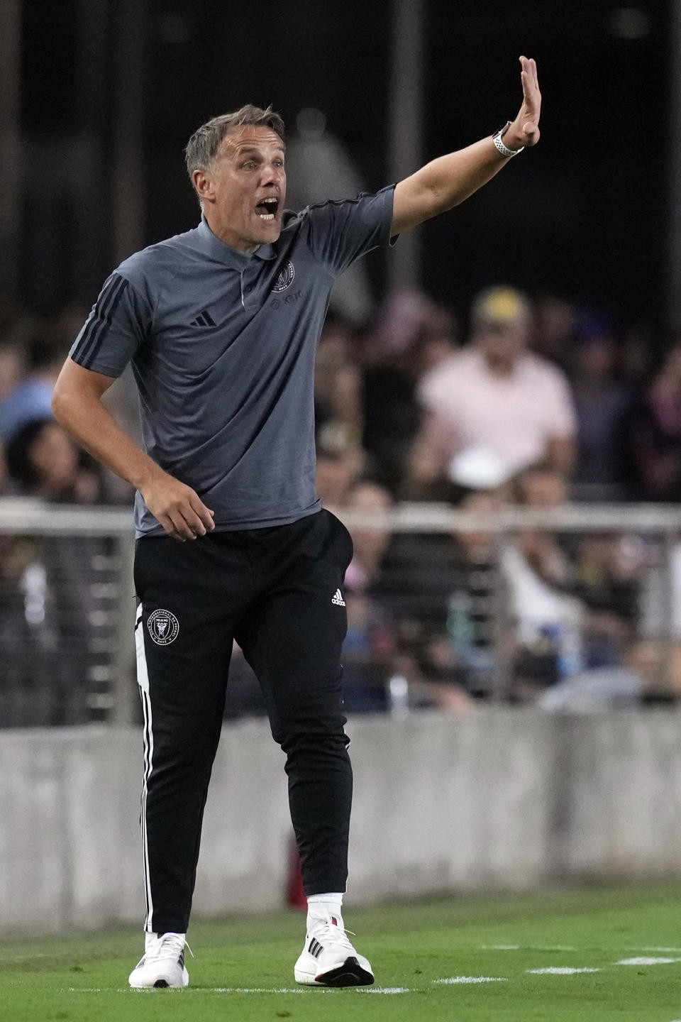 Inter Miami head coach Phil Neville shouts to his players during the first half of an MLS soccer match against the New York Red Bulls, Wednesday, May 31, 2023, in Fort Lauderdale, Fla. The Red Bulls defeated Miami 1-0. (AP Photo/Rebecca Blackwell)