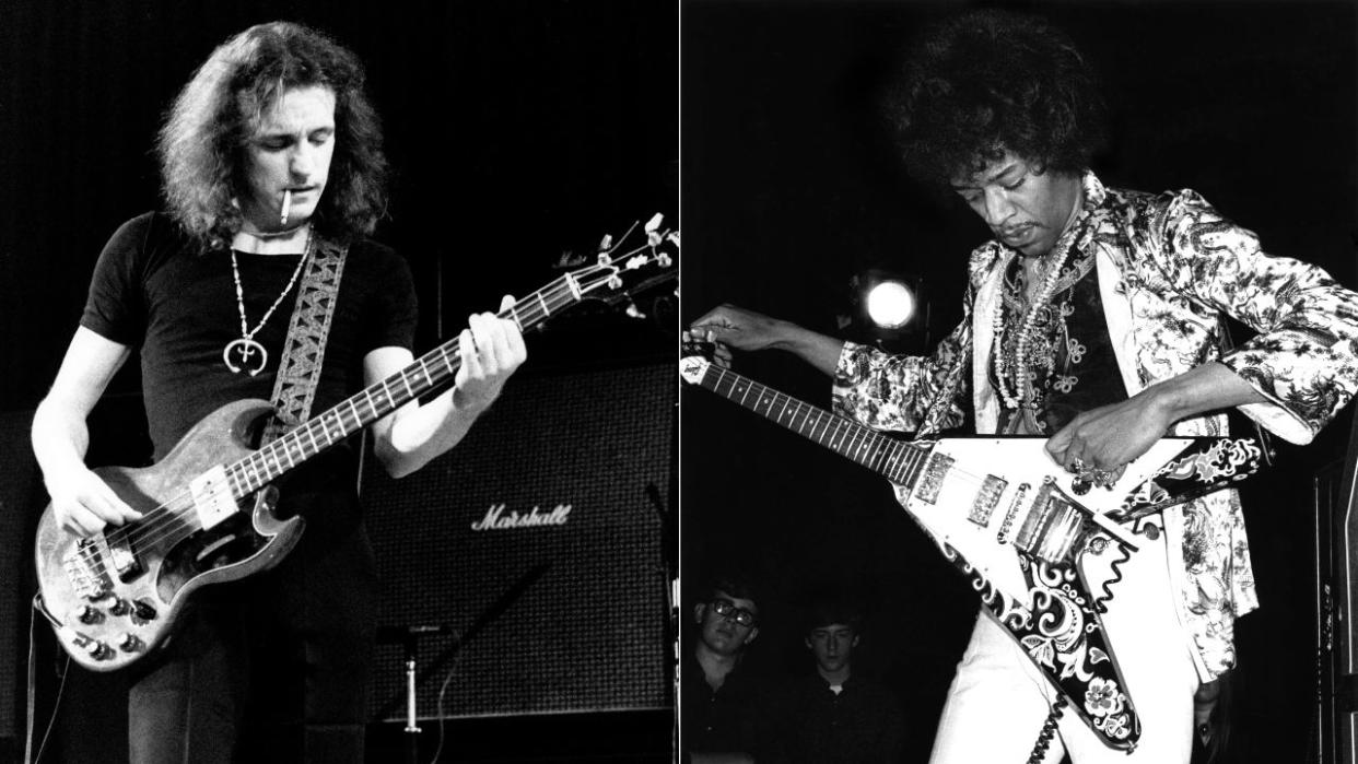  Photo of Jack BRUCE; ID# WBLb 31, Jack Bruce, West, Bruce and Laing., Copenhagen. Rock guitarist Jimi Hendrix of the rock band 'The Jimi Hendrix Experience' performs onstage with a Gibson Flying V electric guitar . 