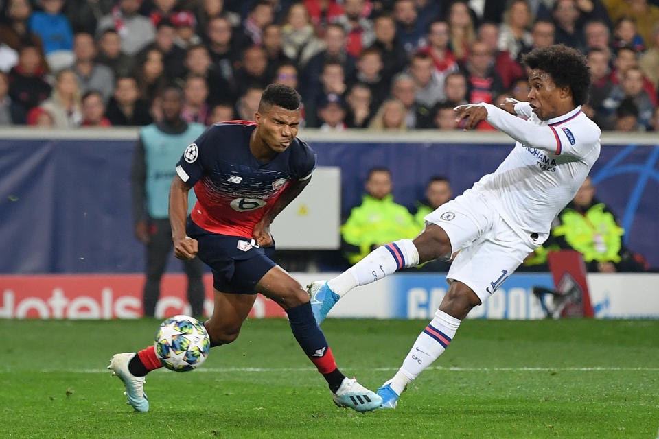 LILLE, FRANCE - OCTOBER 02: Willian of Chelsea scores his sides second goal during the UEFA Champions League group H match between Lille OSC and Chelsea FC at Stade Pierre Mauroy on October 02, 2019 in Lille, France. (Photo by Darren Walsh/Chelsea FC via Getty Images)