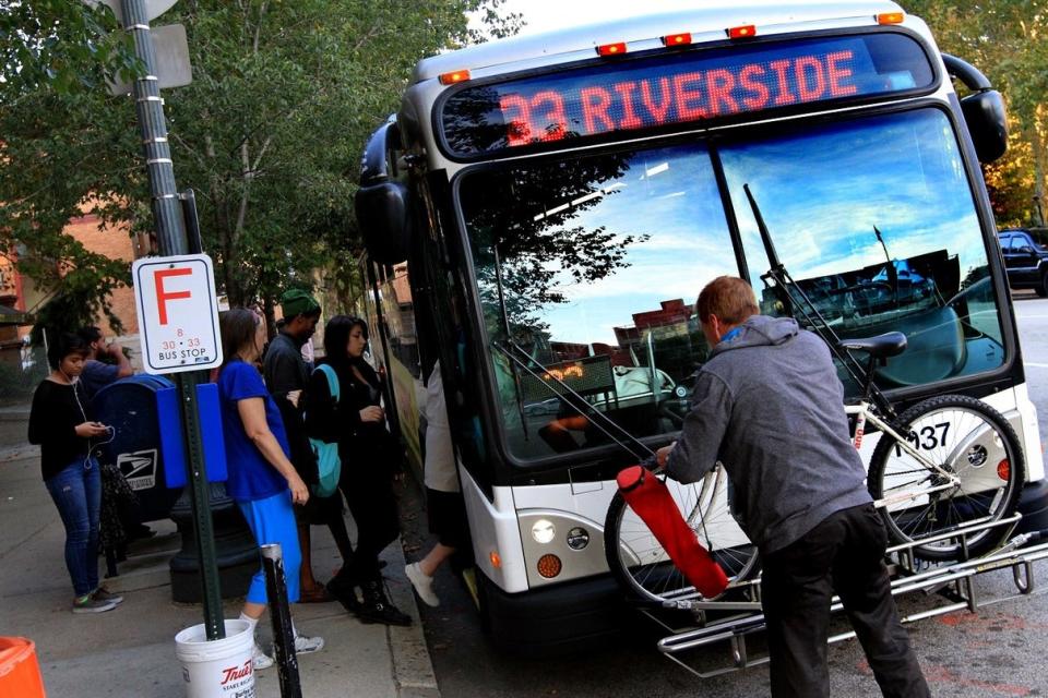 East Providence-bound passengers board a RIPTA bus on West Exchange Street, Providence, in September 2014 during reconstruction of the Kennedy Plaza bus hub – a hub whose future is now in doubt.