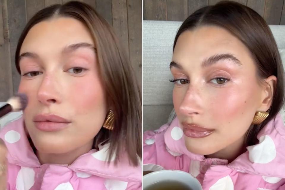 <p>Hailey Bieber/ Tiktok</p> Hailey Bieber shows of holiday season makeup