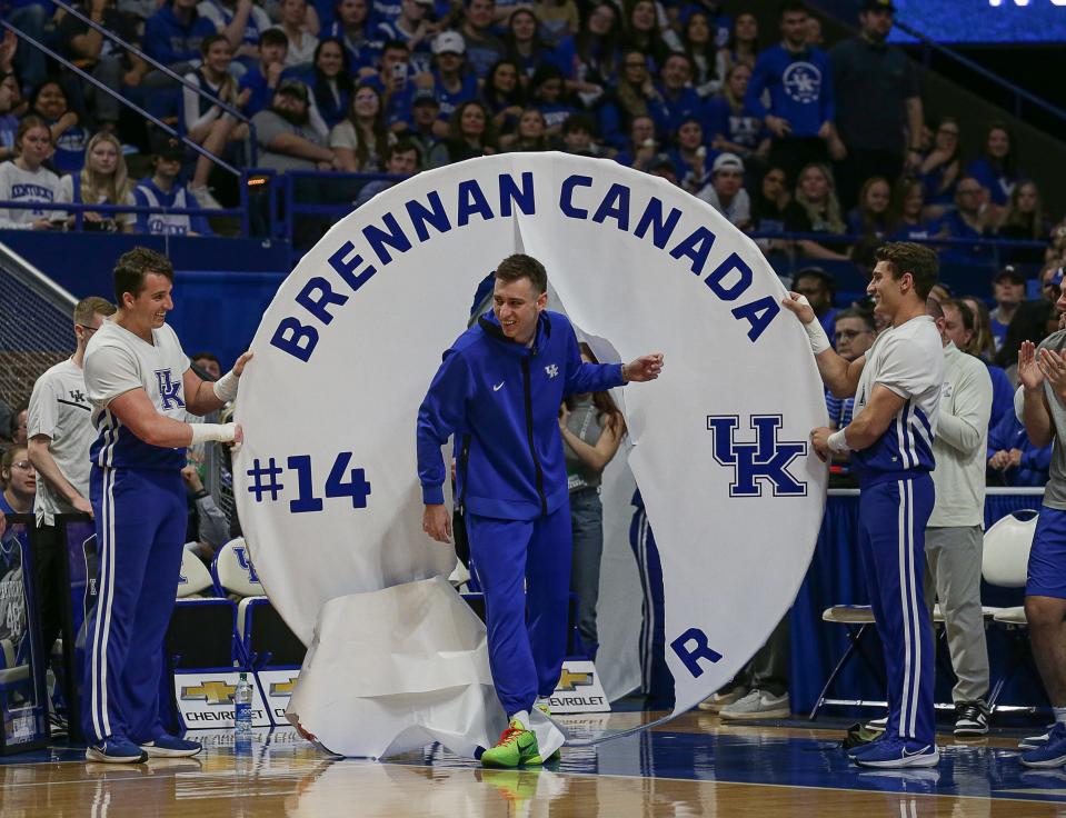 Kentucky guard Brennan Canada was recognized on senior night before the Wildcats' final home game. The Wildcats fell to Vanderbilt 68-66 Wednesday night at Rupp Arena. March 1, 2023