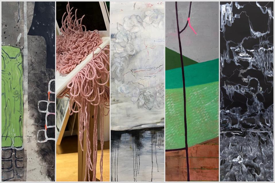 A collage of works featured in "A Confluence of Place and Space," from left to right: Mara Metcalf, "Eclipsed by the Edge," Serge Marchetta, "ASDF JKL," Michele Provost, "À Tous Les Enfants," Maria Napolitano, "Evening Walk 1," and Masha Ryskin, "Black Drawing."