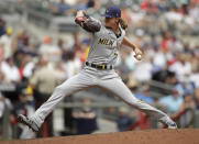 Milwaukee Brewers pitcher Josh Hader works against the Atlanta Braves during the ninth inning of a baseball game, Sunday, Aug. 1, 2021, in Atlanta. (AP Photo/Ben Margot)