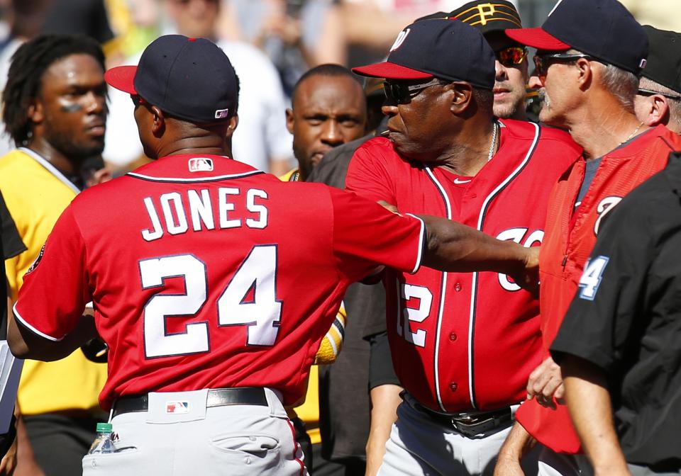 <p>Dusty Baker #12 of the Washington Nationals in action during a bench clearing altercation in the third inning against the Pittsburgh Pirates at PNC Park on September 25, 2016 in Pittsburgh, Pennsylvania. (Photo by Justin K. Aller/Getty Images) </p>
