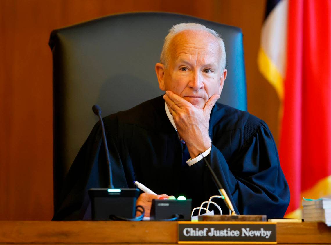 Chief Justice Paul Newby listens during oral arguments at the Supreme Court of North Carolina in Raleigh, N.C., Monday, May 9, 2022.