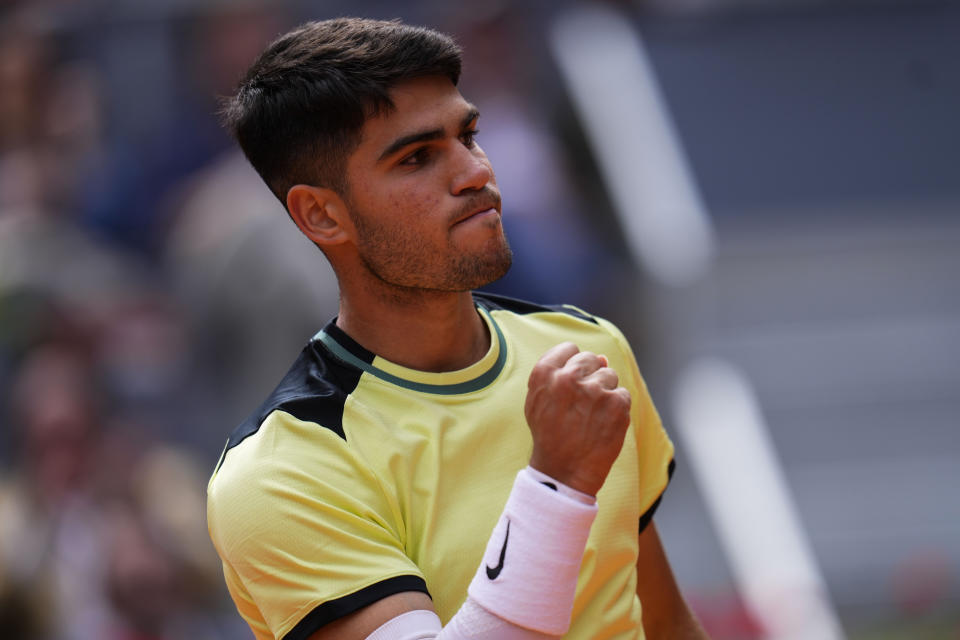 Carlos Alcaraz, of Spain, competes against Alexander Shevchenko, of Kazakhstan, during the Mutua Madrid Open tennis tournament in Madrid, Friday, April 26, 2024. (AP Photo/Manu Fernandez)