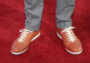 <p>Washington’s Markelle Fultz, wearing basketball-themed shoes, poses for photos on the red carpet before the start of the NBA basketball draft, Thursday, June 22, 2017, in New York. (AP Photo/Frank Franklin II) </p>