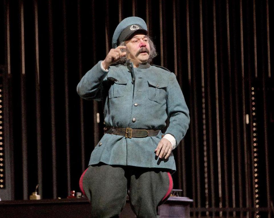 This Dec. 23, 2013 photo released by the Metropolitan Opera shows Danny Burstein as Frosch in Act 3 of Johann Strauss, Jr.'s "Die Fledermaus," in New York. (AP Photo/Metropolitan Opera, Ken Howard)