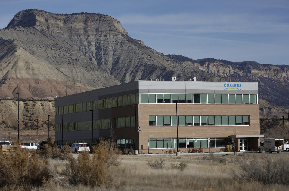 Encana offices Parachute, Colorado, December 10, 2014. The economy of Parachute, with a current population of approximately 1000 people, was devastated when thousands of workers lost their jobs on "Black Sunday" in 1982, after Exxon terminated the Colony Shale Oil Project. The current rise of hydraulic fracking in natural gas retrieval has given a cautious hope to the town's inhabitants, who know that market demand brings both boom and bust. Picture taken December 10, 2014.  REUTERS/Jim Urquhart (UNITED STATES  - Tags: ENERGY BUSINESS)  