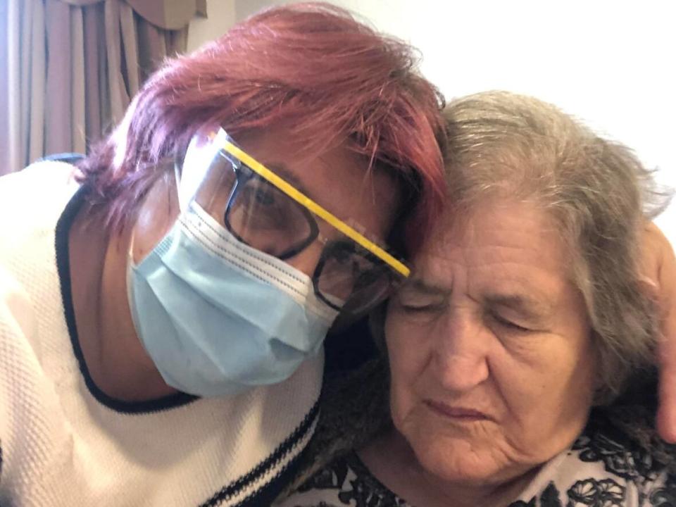 Betty Yakimenko, left, poses with her mother Elsie Stadler, who lives at Madonna Care Community. The Orléans home is shutting down over the next few months as its owner, Sienna Senior Living, says making major repairs would be too disruptive. (Submitted by Betty Yakimenko - image credit)