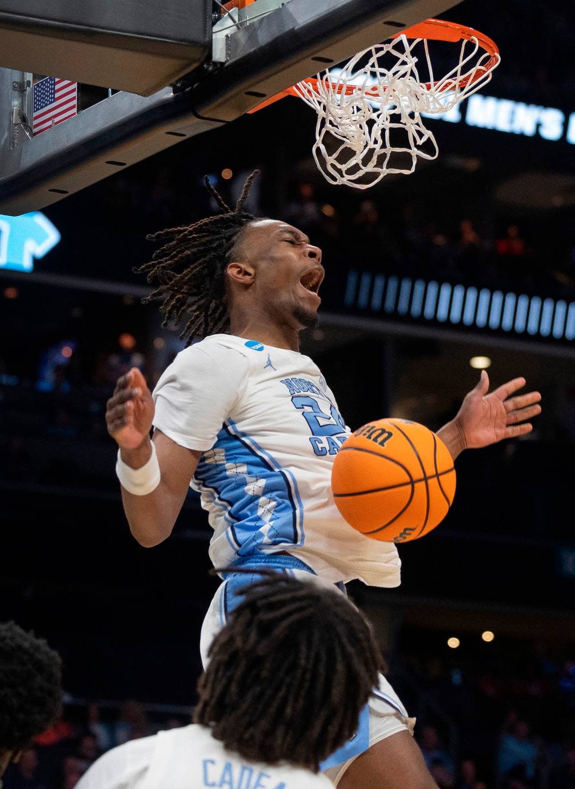 North Carolina’s Jae’Lyn Withers (24) reacts after a dunk on as fast break in the second half against Wagner on Thursday, March 21, 2024 during the NCAA Tournament at Spectrum Center in Charlotte, N.C. Withers scored 16 points in the Tar Heels’ victory.