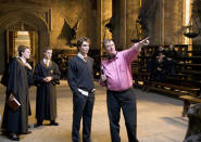 <p>Director Mike Newell with Robert Pattinson on the set of Warner Bros. Pictures' Harry Potter and the Goblet of Fire - 2005</p>