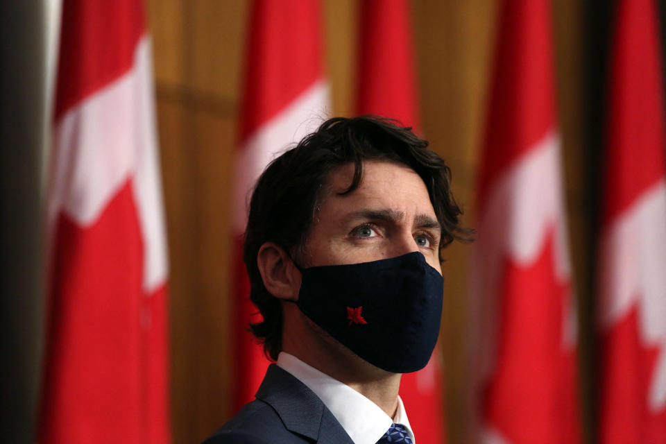 Canadian Prime Minister Justin Trudeau listens to a reporter's question during a news conference April 16, 2021 in Ottawa, Canada. (Photo by Dave Chan / AFP) (Photo by DAVE CHAN/AFP via Getty Images)