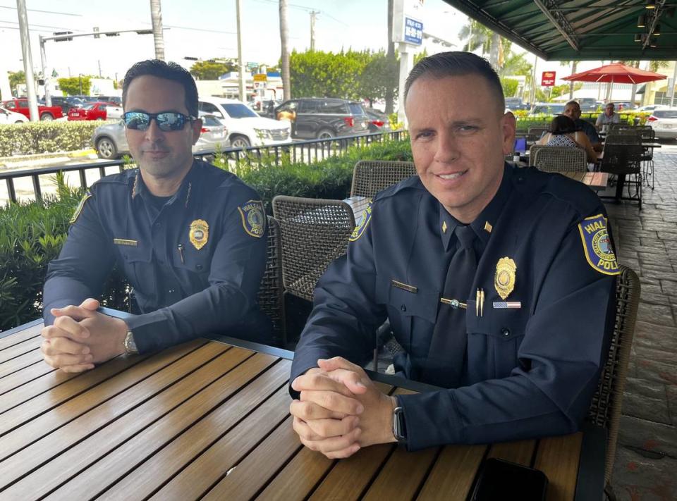George Fuente, Chief of Police of Hialeah, and Jorge Llanes, Police Commander and Director of the 911 Communications Division, were interviewed by El Nuevo Herald at the Latin Café on West 49th St in Hialeah regarding the issue of abandoned calls at the emergency center. The interview took place on May 16, 2023, in Hialeah, FL