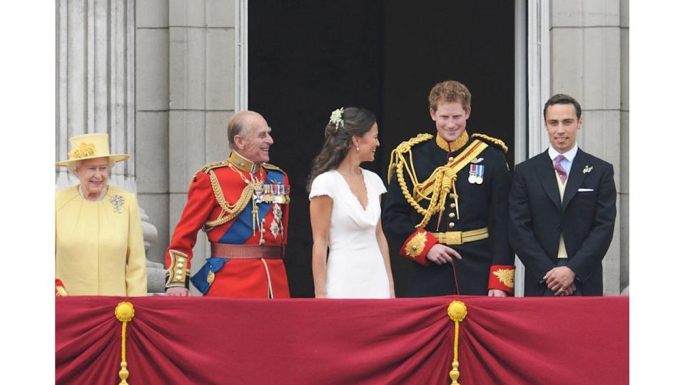 Queen Elizabeth II, Prince Philip, Duke of Edinburgh, Pippa Middleton, Prince Harry and James Middleton look at the crowds from the balcony of Buckingham Palace 