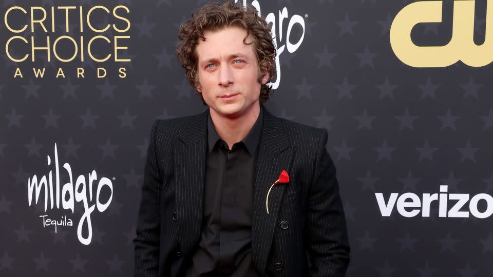 “The Bear” star Jeremy Allen White wore a pinstripe Saint Laurent suit, accessorized with a rose-shaped Tiffany & Co. brooch. - Amy Sussman/WireImage/Getty Images
