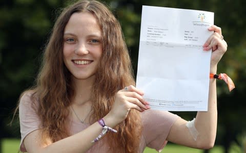 Millie Robson, 15, who was injured in the Manchester Bombing, celebrated taking her GCSE English a year early, at Woodham Academy in Newton Ayrcliffe, Thursday August 24, 2017. - Credit: Owen Humphreys/PA