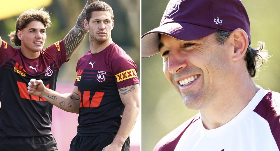 Reece Walsh, Kalyn Ponga and Billy Slater, pictured here at Queensland training before Origin 3.