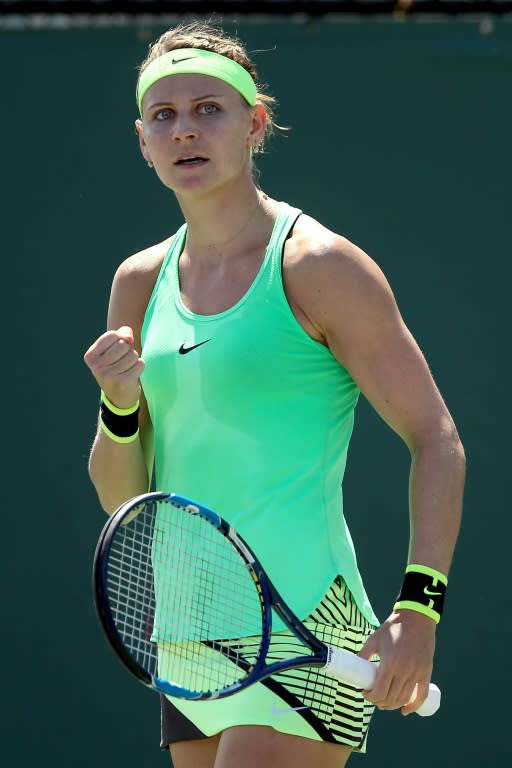 Lucie Safarova of Czech Republic celebrates a point against Dominika Cibulkova of Slovakia during their Miami Open 4th round match, at the Crandon Park Tennis Center in Key Biscayne, Florida, on March 27, 2017