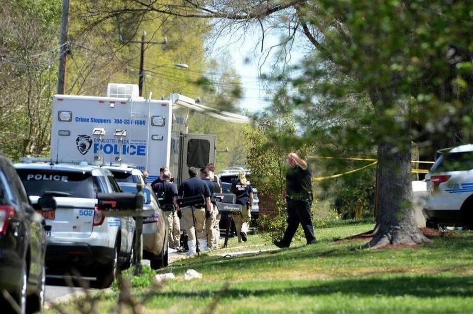 Police investigate a double homicide in the 7500 block of Glencannon Drive in Charlotte, NC, on April 2, 2017.