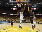 Jun 1, 2017; Oakland, CA, USA; Cleveland Cavaliers forward LeBron James (23) shoots against Golden State Warriors forward Kevin Durant (35) in the second half of the 2017 NBA Finals at Oracle Arena. Mandatory Credit: Kyle Terada-USA TODAY Sports