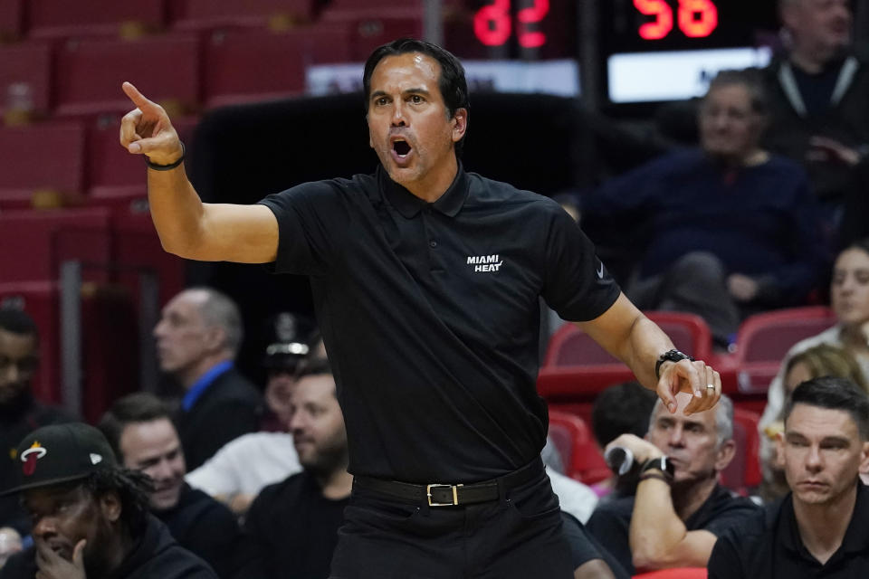 Miami Heat head coach Erik Spoelstra gestures during the first half of an NBA basketball game against the Charlotte Hornets, Thursday, Nov. 10, 2022, in Miami. (AP Photo/Marta Lavandier)