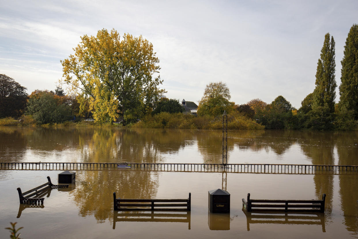 A general view in Worcester, after Britain has been hit by widespread flooding after rivers burst their banks following the weekend's heavy rain, Monday, Oct. 28, 2019. (Jacob King/PA via AP)