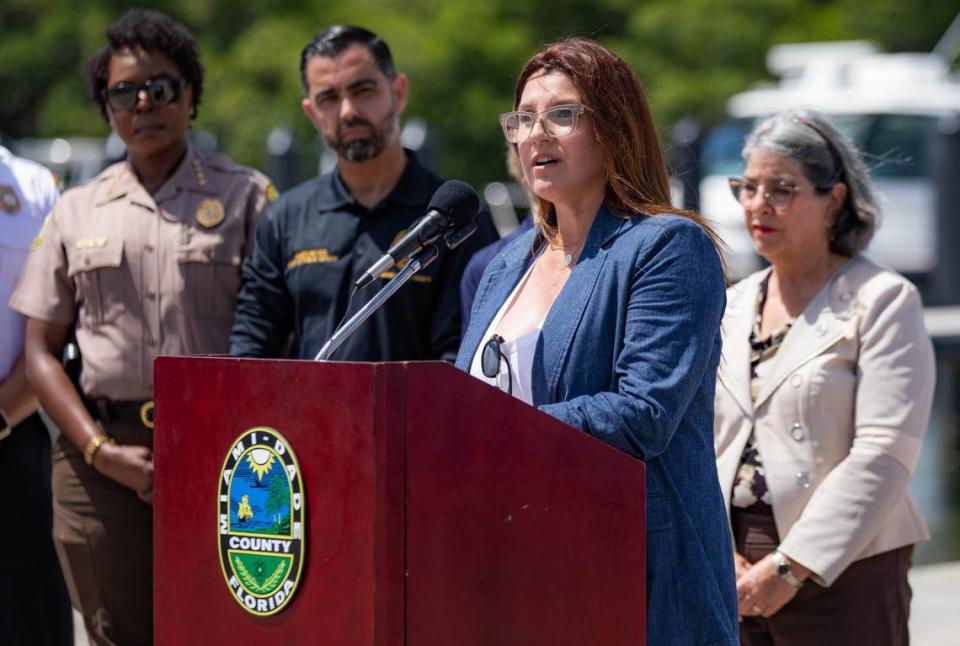 Melissa Fernandez, the mother of Lucy Fernandez, who died in a boat crash on Labor Day weekend in 2022, speaks at a press conference on Wednesday, July 3, 2024, at Crandon Park Marina in Key Biscayne, Florida. Members of the Miami-Dade County Commission, state legislators and municipal elected officials called on the community to celebrate the July Fourth holiday by staying safe on the water.