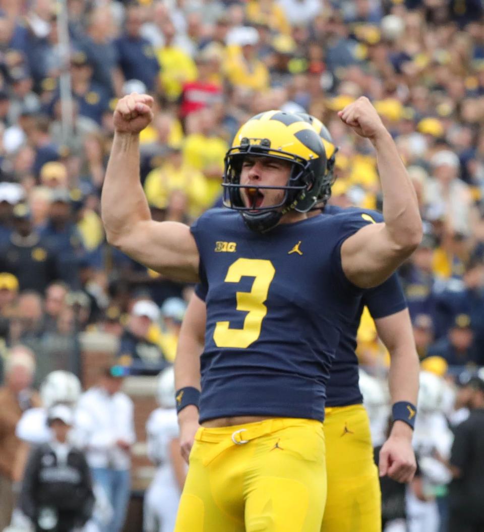 Michigan's Quinn Nordin reacts after an extra point during the first half against Western Michigan Saturday, Sept. 8, 2018, at Michigan Stadium.