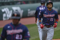 Minnesota Twins' Jorge Polanco (11) runs the bases after hitting a two-run home run off Cleveland Indians starting pitcher Logan Allen in the first inning of a baseball game, Wednesday, April 28, 2021, in Cleveland. (AP Photo/David Dermer)