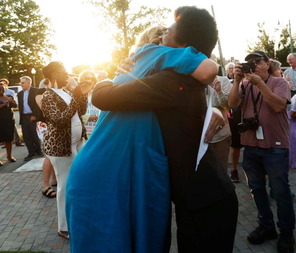 Rep. Gloria Johnson, D- Knoxville, and Rep. Justin Pearson, D-Memphis share a hug before she announces her campaign for U.S. Senate in 2024 at the I Am A Man Plaza in Memphis, Tenn., Tuesday, Sept. 5, 2023.