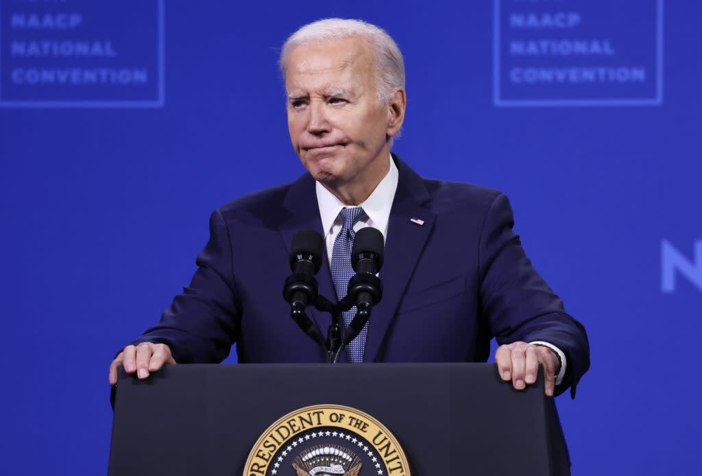President Joe Biden speaks at the 115th NAACP National Convention at the Mandalay Bay Convention Center on July 16, 2024, in Las Vegas, Nevada.