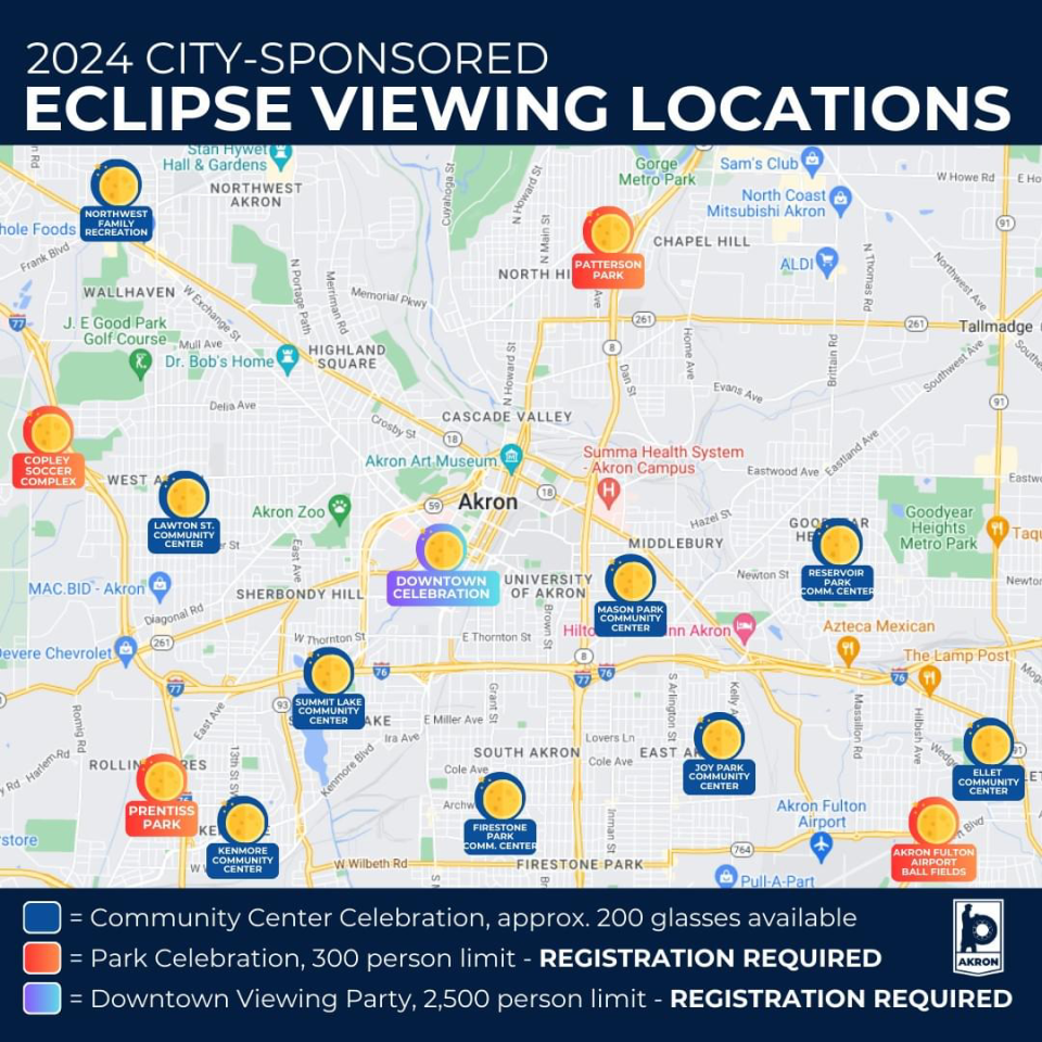 Akron has announced its city-sponsored eclipse viewing sites.