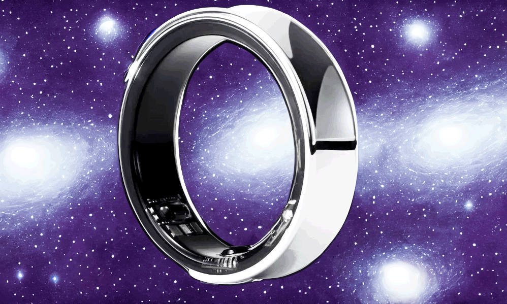  The Samsung Galaxy Ring with 1970s comic book styled image of many galaxies behind it. 