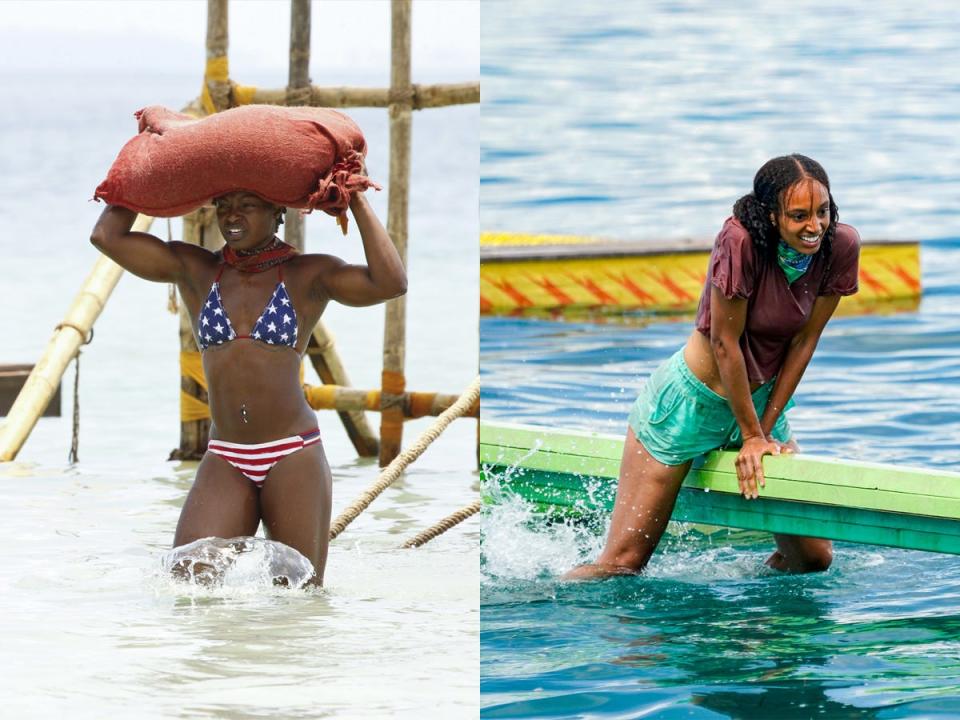 A "Survivor" player in 2014 with a swimsuit for a water challenge and a contestant in 2021 completing a water challenge in clothes. <span class="copyright">Robert Voets/CBS via Getty Images; Robert Voets/CBS via Getty Images</span>