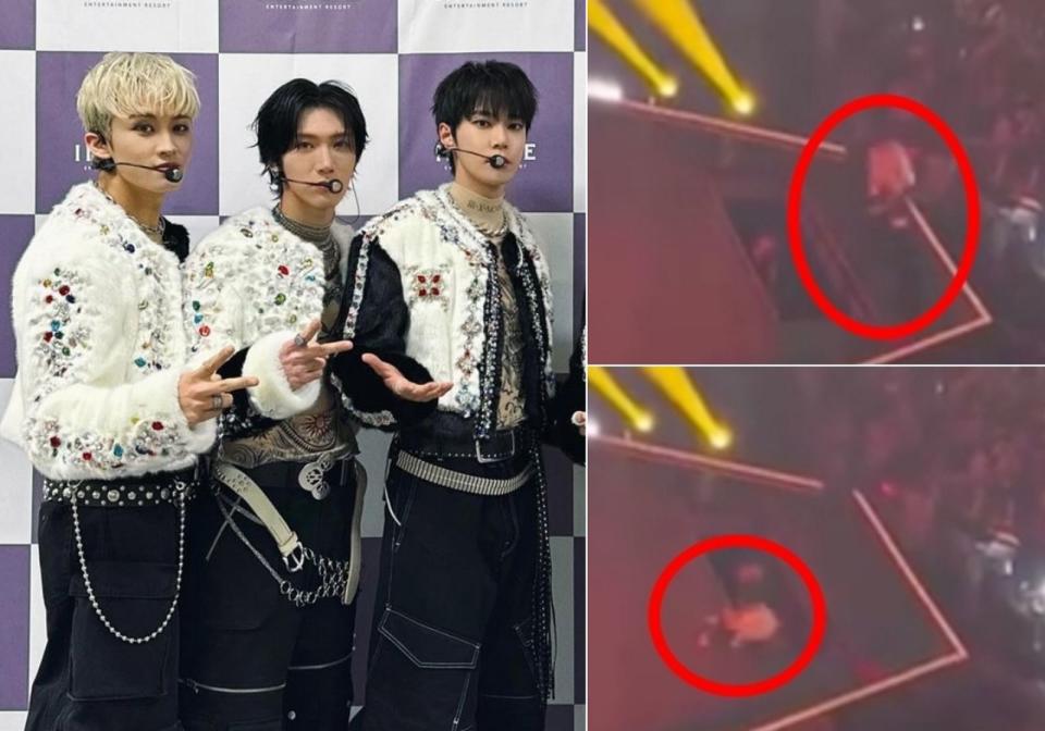 NCT U成員TEN（左圖中）上台表演時不慎踏空跌落舞台，讓歌迷嚇翻。（網路圖片）