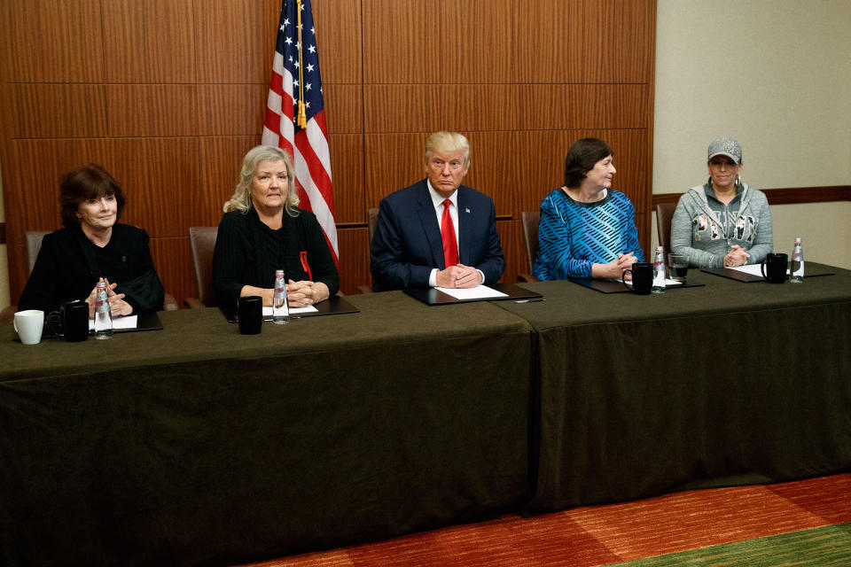 Trump sits with, from left, Kathleen Willey, Juanita Broaddrick, Kathy Shelton and Paula Jones on Oct. 9, 2016, before the second presidential debate. (Photo: Evan Vucci/AP)